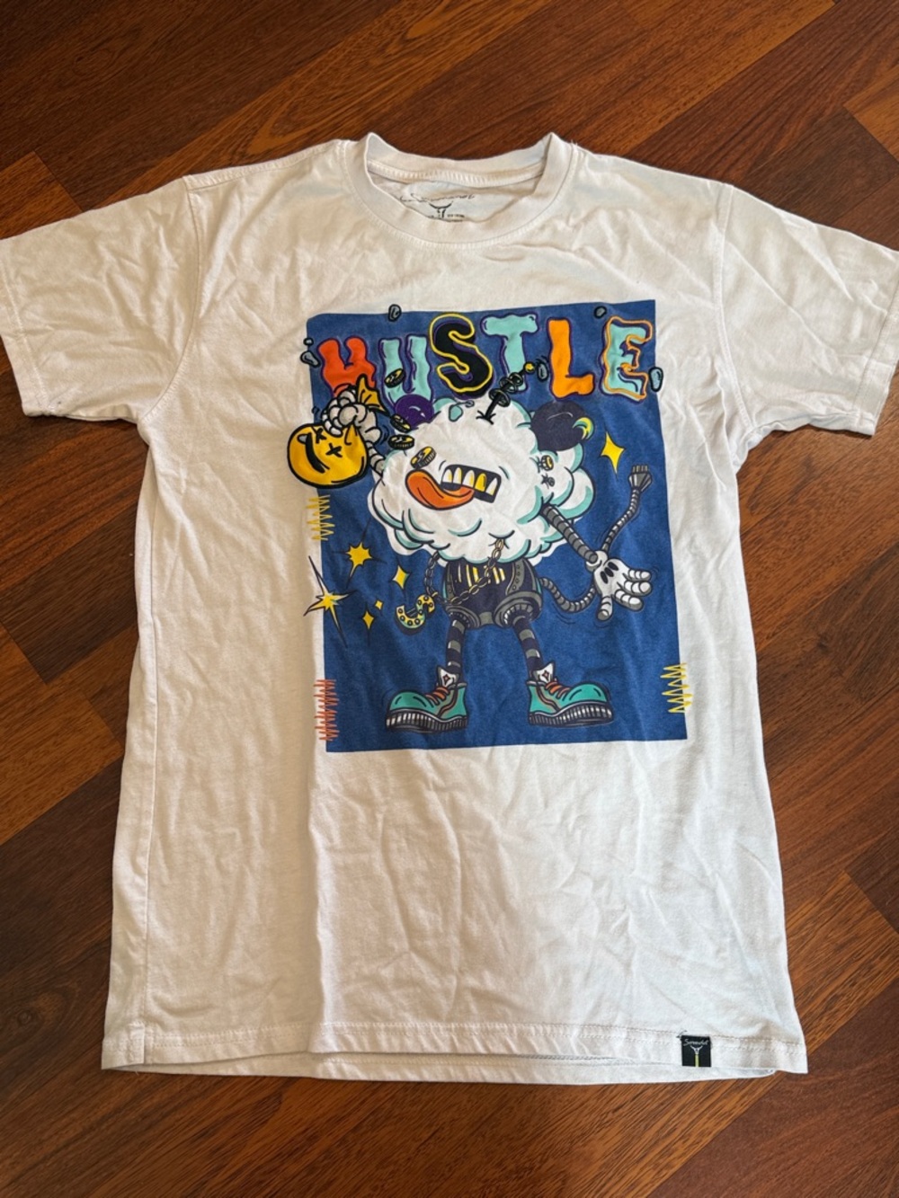 Screenshot White Graphic Tee - Hustle Cloud Character w/ Embroidery Detail (M)